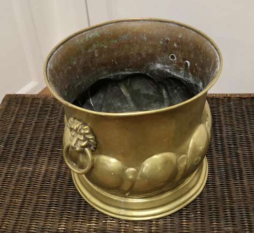 Large Arts and Crafts Brass Jardiniere with Lions Mask Handles