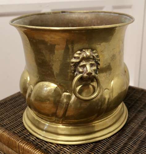 Large Arts and Crafts Brass Jardiniere with Lions Mask Handles