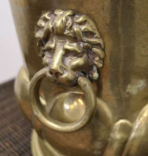 Large Arts and Crafts Brass Jardiniere with Lions Mask Handles