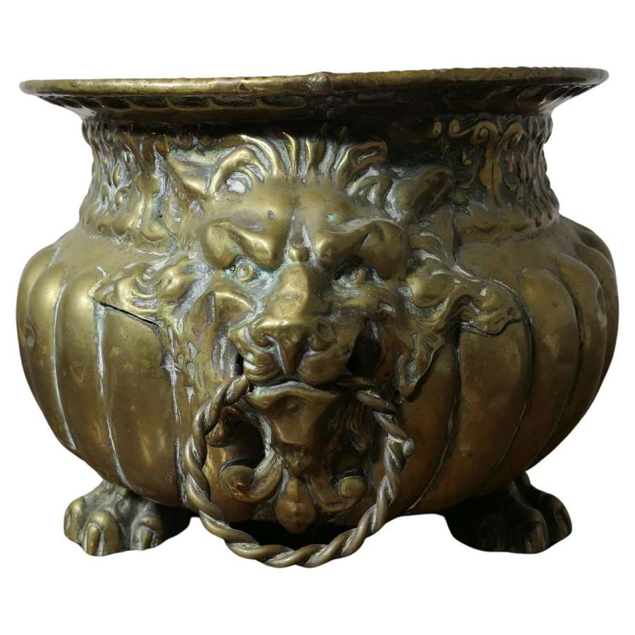 Gothic Brass Jardiniere with Lions Mask Handles and Liner