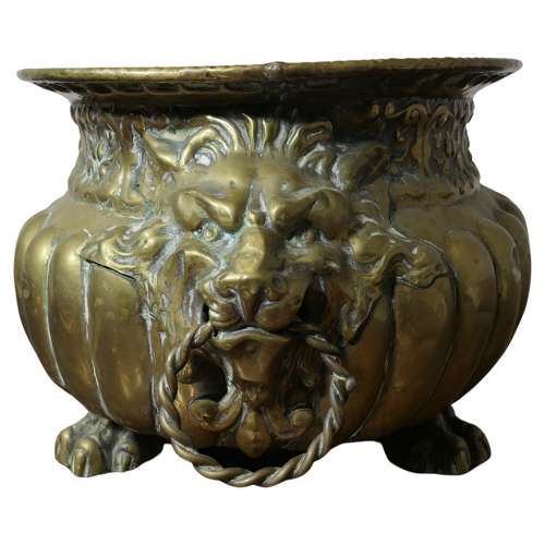 Gothic Brass Jardiniere with Lions Mask Handles and Liner