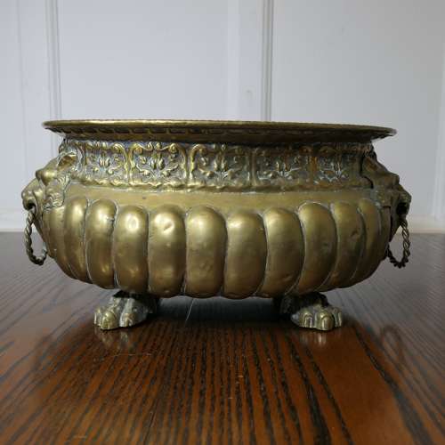 Gothic Brass Jardiniere with Lions Mask Handles and Liner