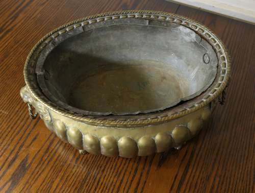Gothic Brass Jardiniere with Lions Mask Handles and Liner