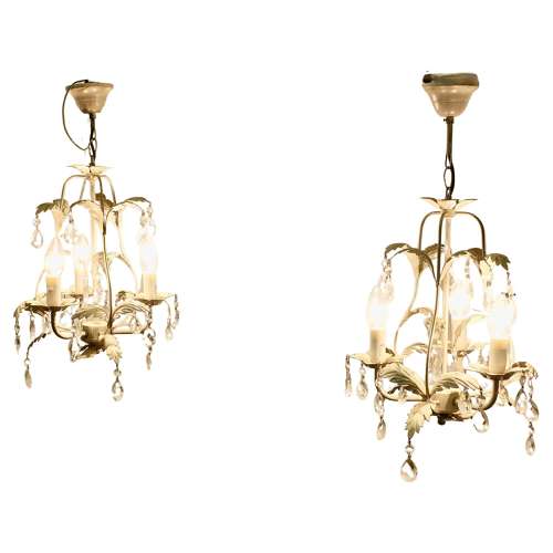 A Pair of White Toleware Open Basket Ceiling Chandeliers