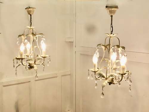 A Pair of White Toleware Open Basket Ceiling Chandeliers