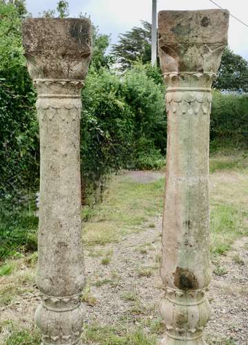 A Pair of Ancient Corinthian Type Stone Columns