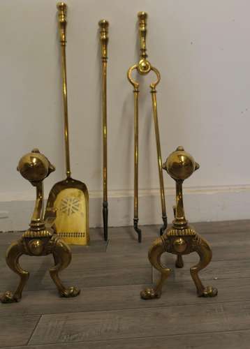 Arts and Crafts Brass Gothic Fireside Companion Set, Fireside Tools