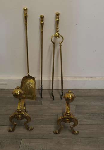 Arts and Crafts Brass Gothic Fireside Companion Set, Fireside Tools