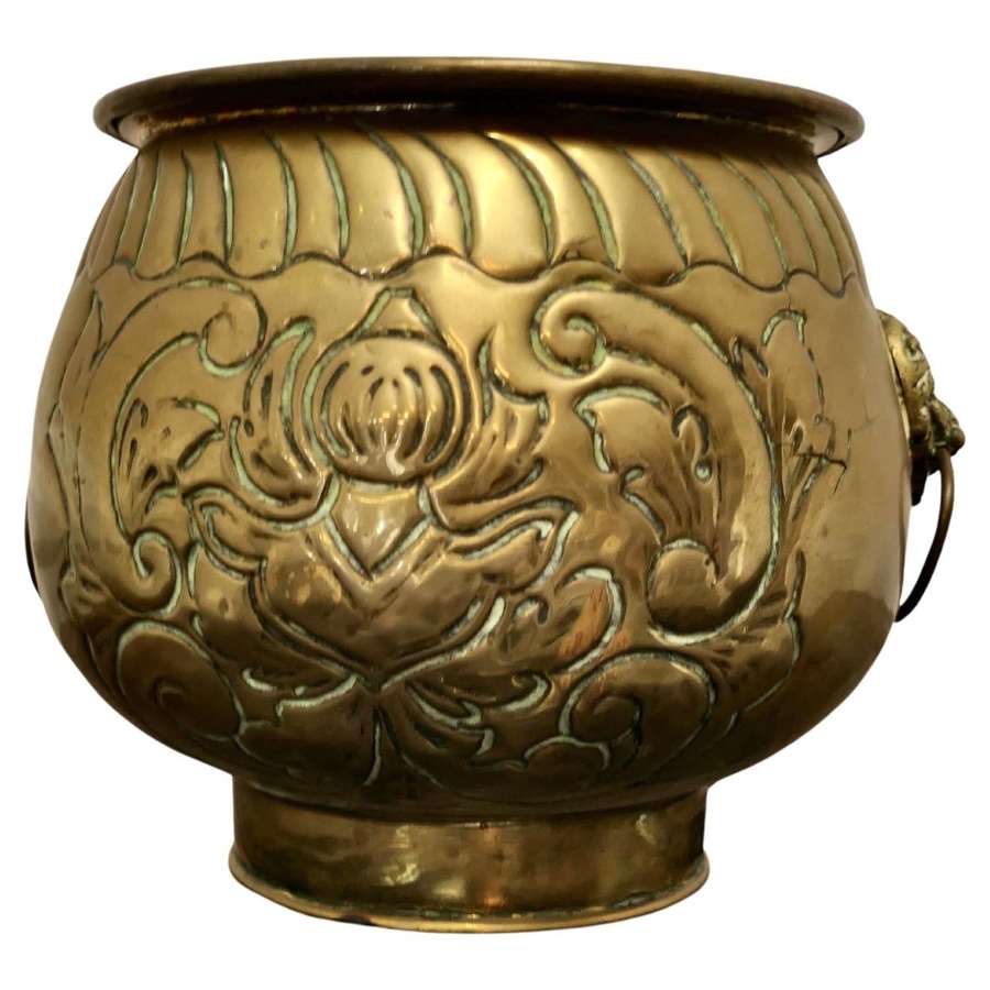 Large Victorian Brass Jardini&egrave;re, Lions Mask Planter