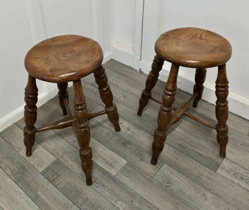 A Pair of Chunky Victorian Elm Farmhouse Kitchen Stools