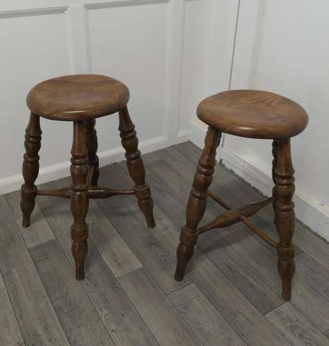 A Pair of Chunky Victorian Elm Farmhouse Kitchen Stools