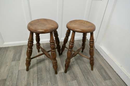 A Pair of Chunky Victorian Elm Farmhouse Kitchen Stools