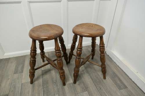 A Pair of Chunky Victorian Elm Farmhouse Kitchen Stools