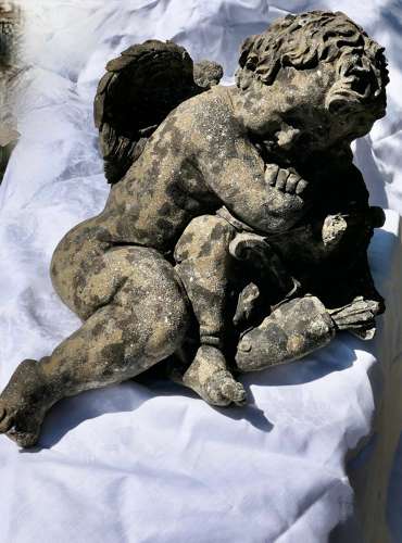 French Weathered Stone Statue of a Sleeping Putti, Baby Cherub with Wings