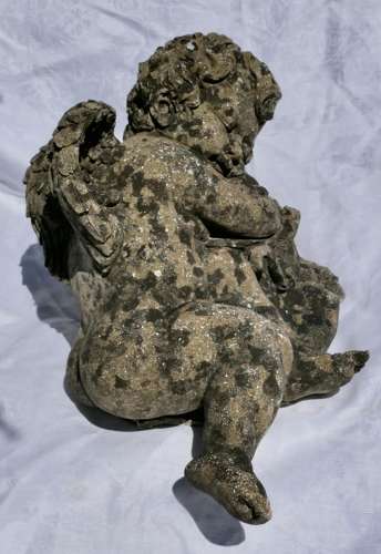 French Weathered Stone Statue of a Sleeping Putti, Baby Cherub with Wings