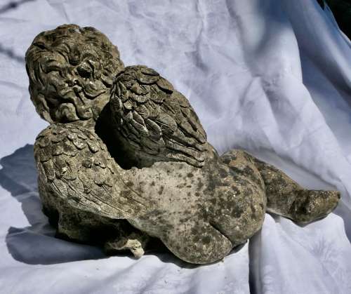 French Weathered Stone Statue of a Sleeping Putti, Baby Cherub with Wings
