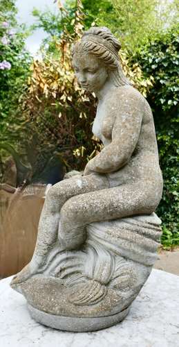 Old Weathered Statue of the Goddess Tyche Holding a Snake