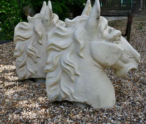 Pair of Large Painted Cast Iron Horse Heads, Gate Post Finials
