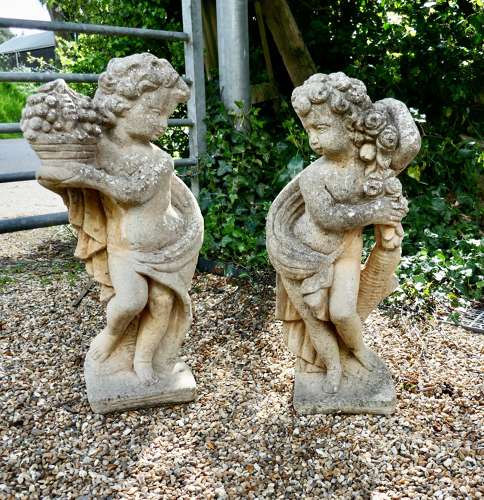 Pair of Old Weathered Classical Flower Children Statues