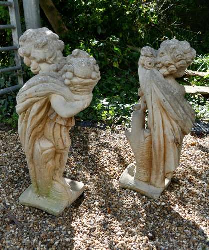 Pair of Old Weathered Classical Flower Children Statues