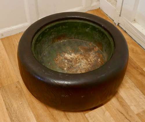 Large Japanese Sculptured Wood Brazier with Liner