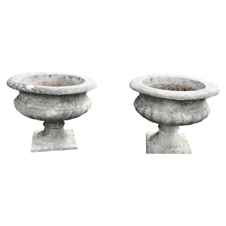 Mid 20th Century Pair of Weathered Cast Stone Garden Planters