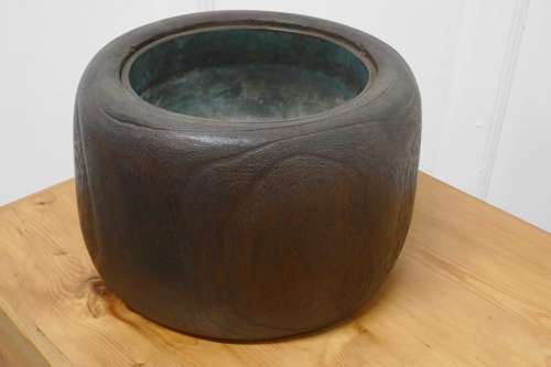 Japanese Sculptured Wood Brazier with Copper Liner