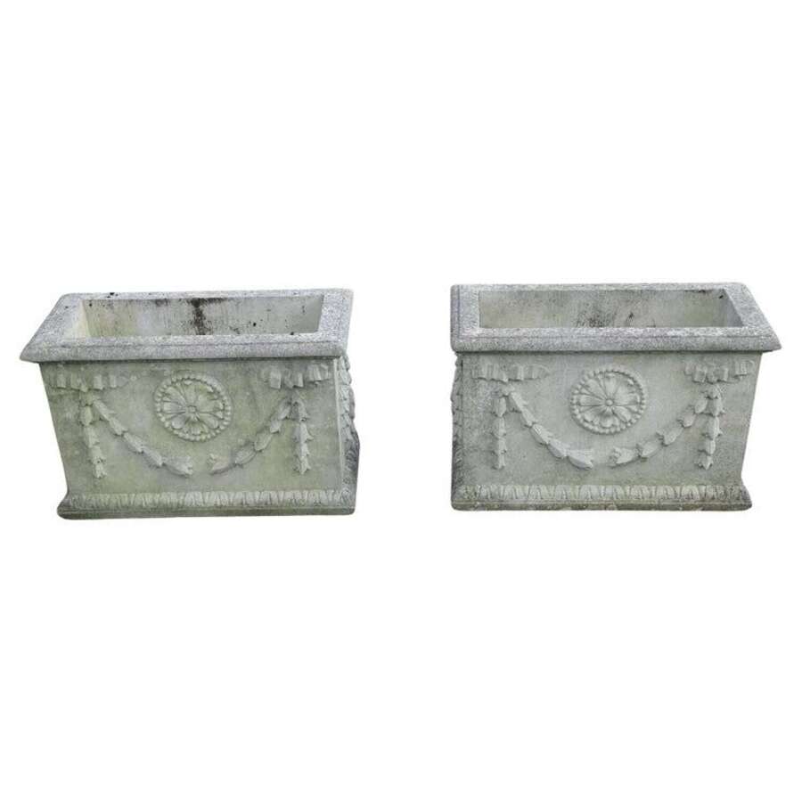 A Pair of Large Weathered Decorative Rectangular Planters