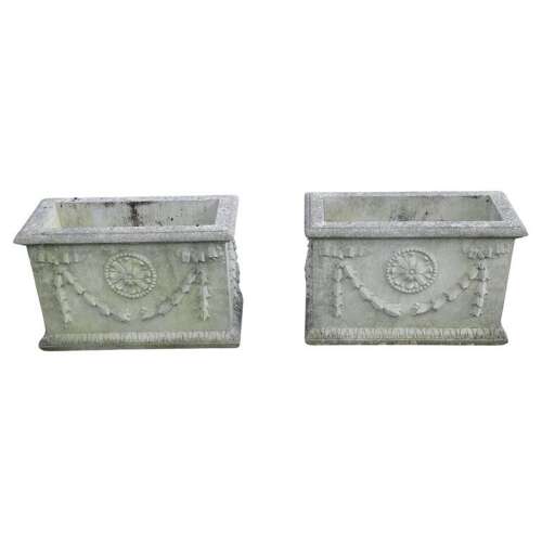 A Pair of Large Weathered Decorative Rectangular Planters