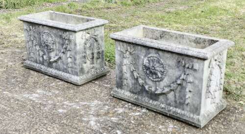 A Pair of Large Weathered Decorative Rectangular Planters