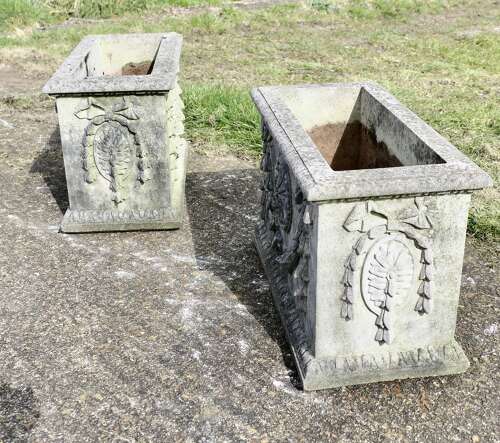 A Pair of Large Weathered Decorative Rectangular Planters