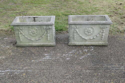 A Pair of Large Weathered Decorative Rectangular Planters