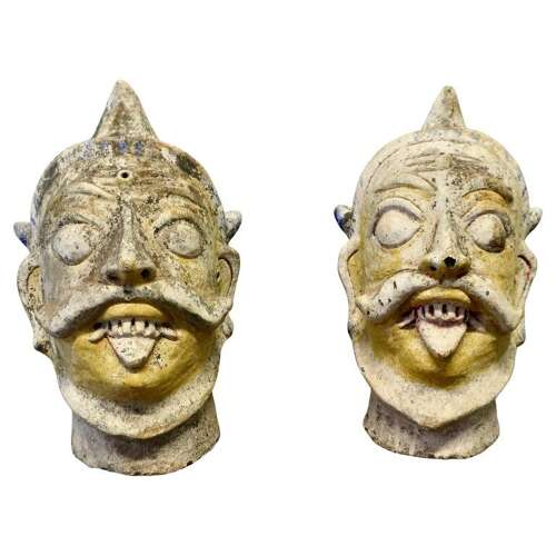 2 Antique Large Indian Terracotta Tent Pole Tops