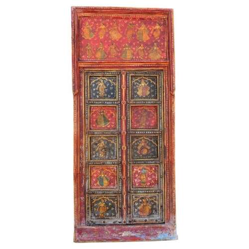 Vibrant Indian Painted Doors in Original Frame, Wall Art