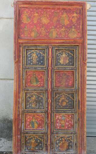 Vibrant Indian Painted Doors in Original Frame, Wall Art