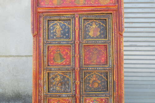 Vibrant Indian Painted Doors in Original Frame, Wall Art