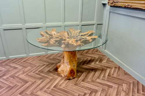 Yewwood Root Tree Dining Table With Round Glass Top