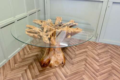Yewwood Root Tree Dining Table With Round Glass Top