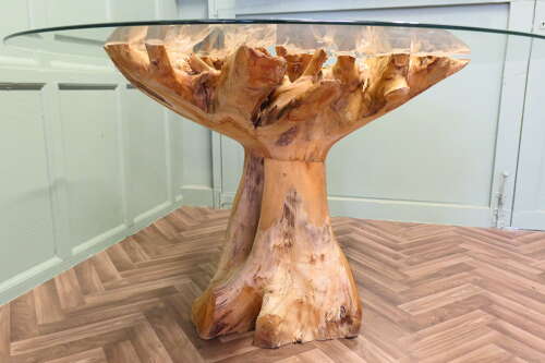 Yewwood Root Tree Dining Table With Round Glass Top
