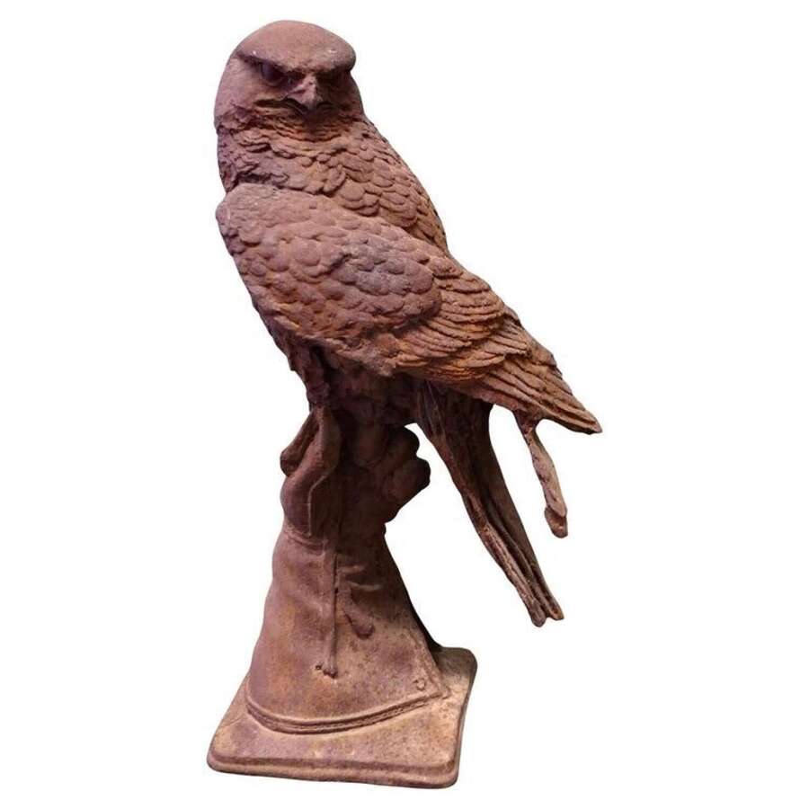 2ft Tall  Weathered Cast Iron Statue of a Falcon on a Gloved Hand