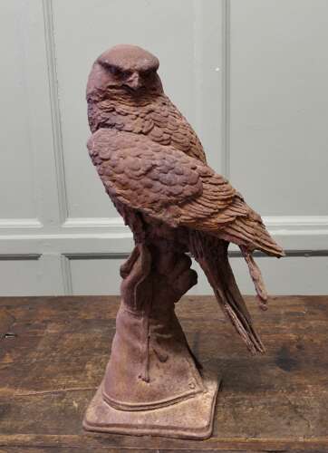 2ft Tall Weathered Cast Iron Statue of a Falcon on a Gloved Hand