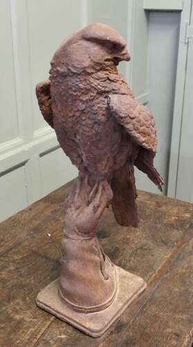 2ft Tall Weathered Cast Iron Statue of a Falcon on a Gloved Hand
