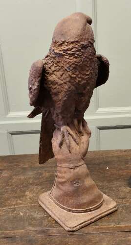 2ft Tall Weathered Cast Iron Statue of a Falcon on a Gloved Hand
