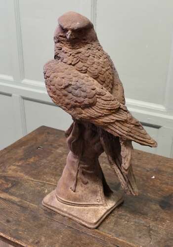 2ft Tall Weathered Cast Iron Statue of a Falcon on a Gloved Hand