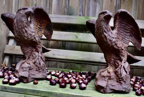 2 Old Weathered Cast Iron Eagle Statues.