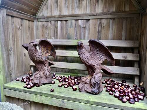2 Old Weathered Cast Iron Eagle Statues.
