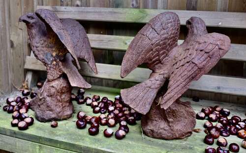 2 Old Weathered Cast Iron Eagle Statues.