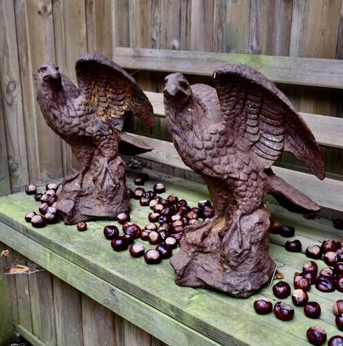 2 Old Weathered Cast Iron Eagle Statues.