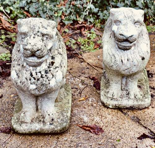 Pair of Stone Lion Guardians  These are weathered Statues of 2 Lions
