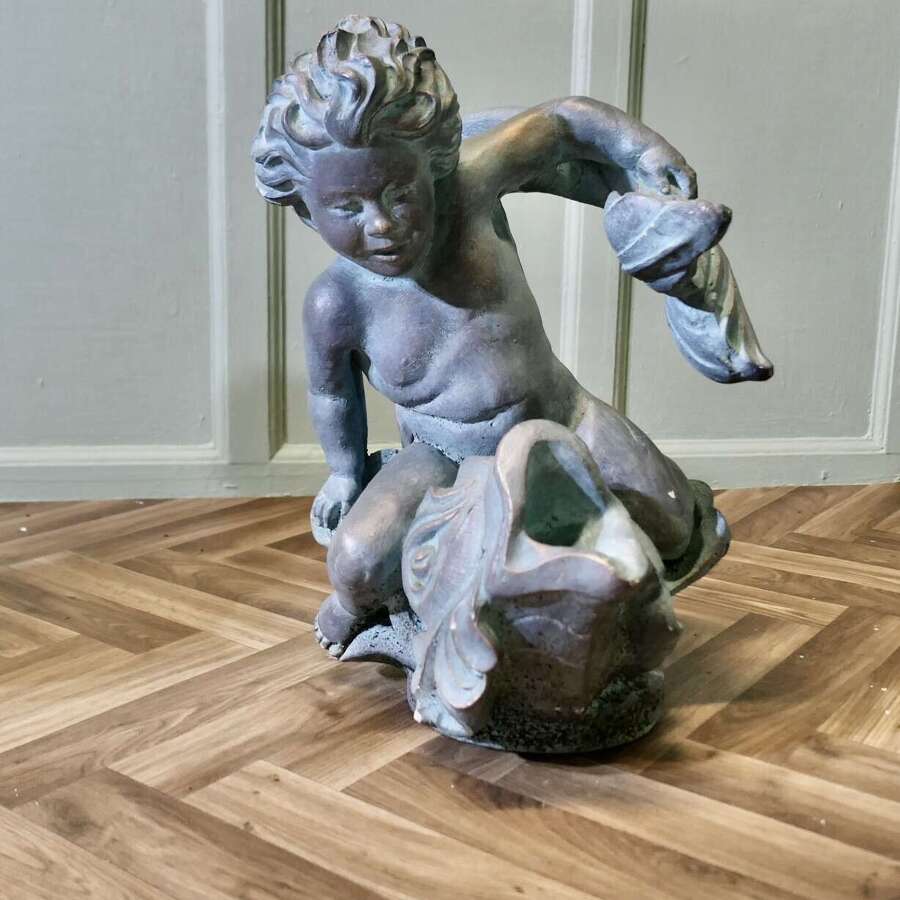 Sculpture of a Cherub Riding a Fish, Fountain Water Feature   A superb verdigris patinated